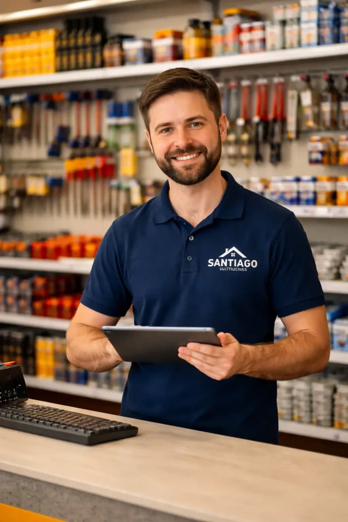 Atendente da loja Santiago Multicoisas em Lagoa Santa MG, pronto para orientar clientes na compra de materiais de construção.